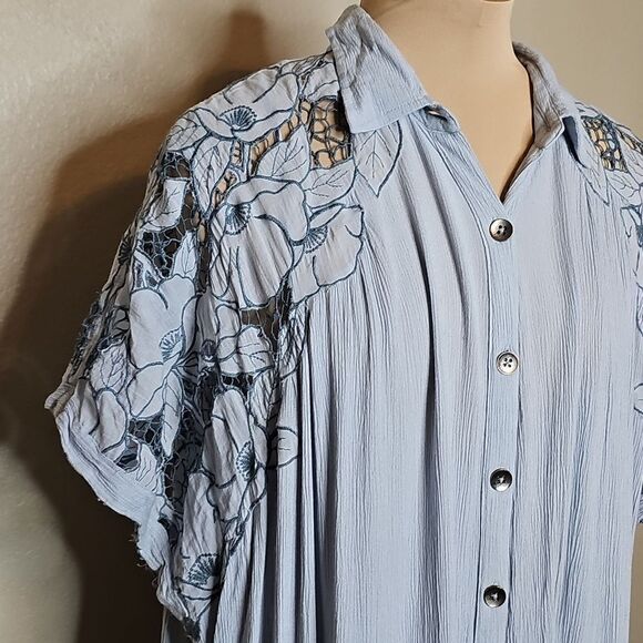 Free People Cut It Out Midi Dress Sky Blue Embroidered Medium Short Sleeve - Picture 4 of 12